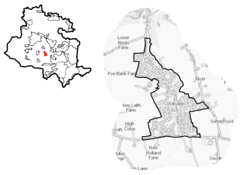 A map of Wilsden together with a diagram indicating its location within the Bradford District