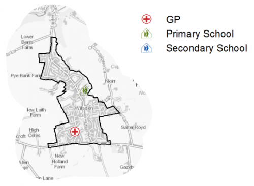 A map indicating the location of primary schools and GP surgeries in Wilsden