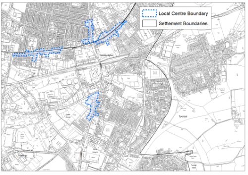 A map indicating the extent of the Local Centre boundaries in Laisterdyke, Leeds Road and Sticker Lane