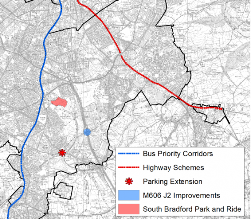 A map showing proposed transport improvements to South East Bradford
