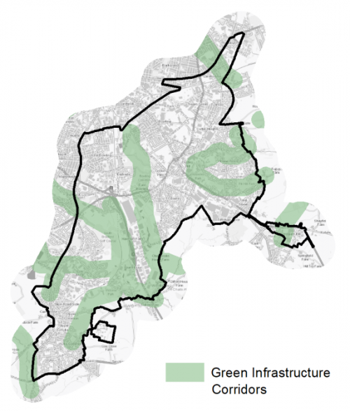 A map indicating the extent of Green Infrastructure Corridors in and around Bradford South East