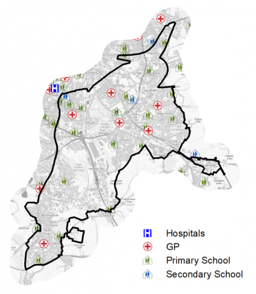 A map indicating the location of primary schools, secondary schools and GP surgeries in and around Bradford South East