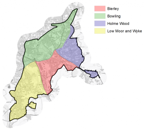 A map showing the Local Plan Areas of Bierley, Bowling, Holmewood and Low moor and Wyke in South East Bradford