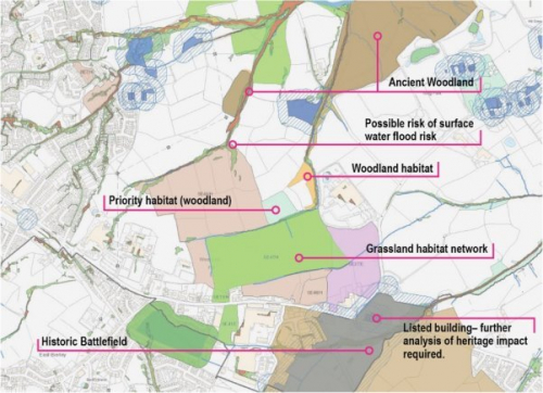 Plan showing listed buildings and key wildlife areas