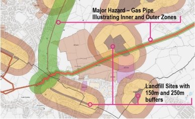 Plan showing potential hazards- landfill and gas pipelines