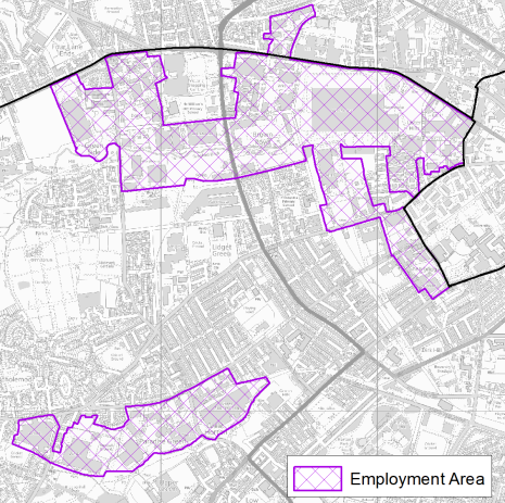 A map showing the main employment areas in South West Bradford
