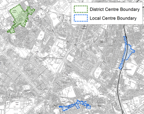 A map showing Great Horton District boundary and Marshfields and Wibsey Local Centres