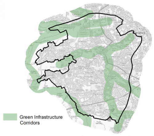 A map indicating the extent of Green Infrastructure Corridors in and around Bradford South West