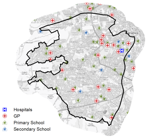 A map indicating the location of primary schools, secondary schools and GP surgeries in and around Bradford South West