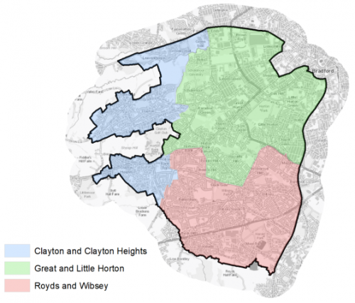 A map showing the three local areas in Bradford South West