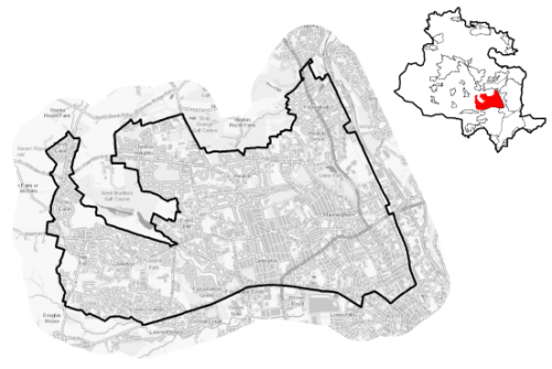 A map of North West Bradford together with a diagram indicating its location within the Bradford District