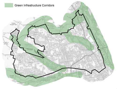 A map indicating the extent of Green Infrastructure Corridors in and around Bradford North West