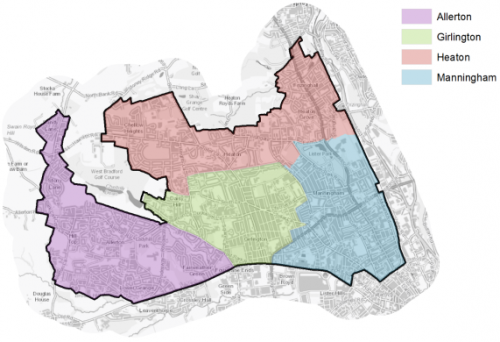 A map highlighting the four local plan areas for Bradford North West