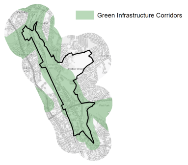 A map indicating the extent of Green Infrastructure Corridors in and around Canal Road Corridor