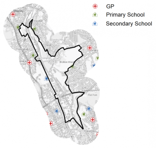 A map indicating the location of primary schools, secondary schools and GP surgeries in and around the Canal Road Corrdior
