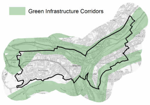 A map indicating the extent of Green Infrastructure Corridors in and around Shipley