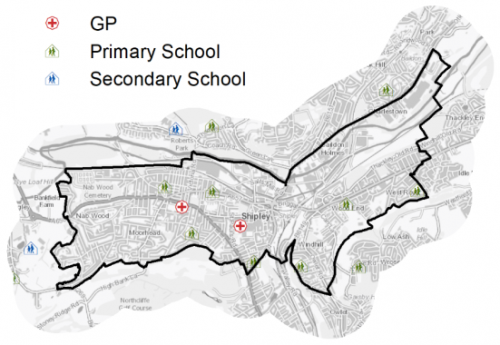 A map indicating the location of primary schools, secondary schools and GP surgeries in and around Shipley
