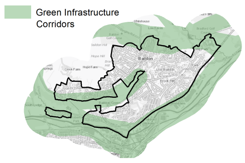A map indicating the extent of Green Infrastructure Corridors in and around Baildon
