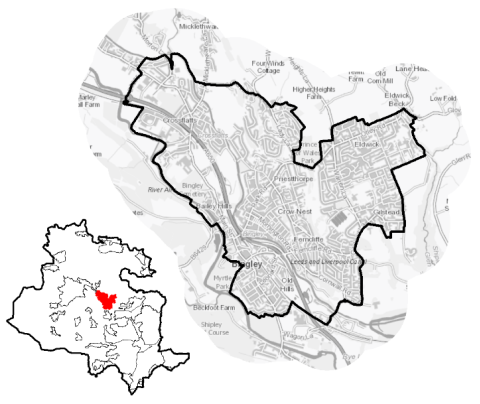 A map of Bingley together with a diagram indicating its location within the Bradford District