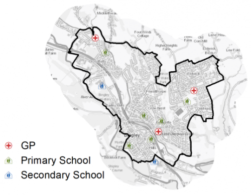 A map indicating the location of primary schools, secondary schools and GP surgeries in and around Bingley