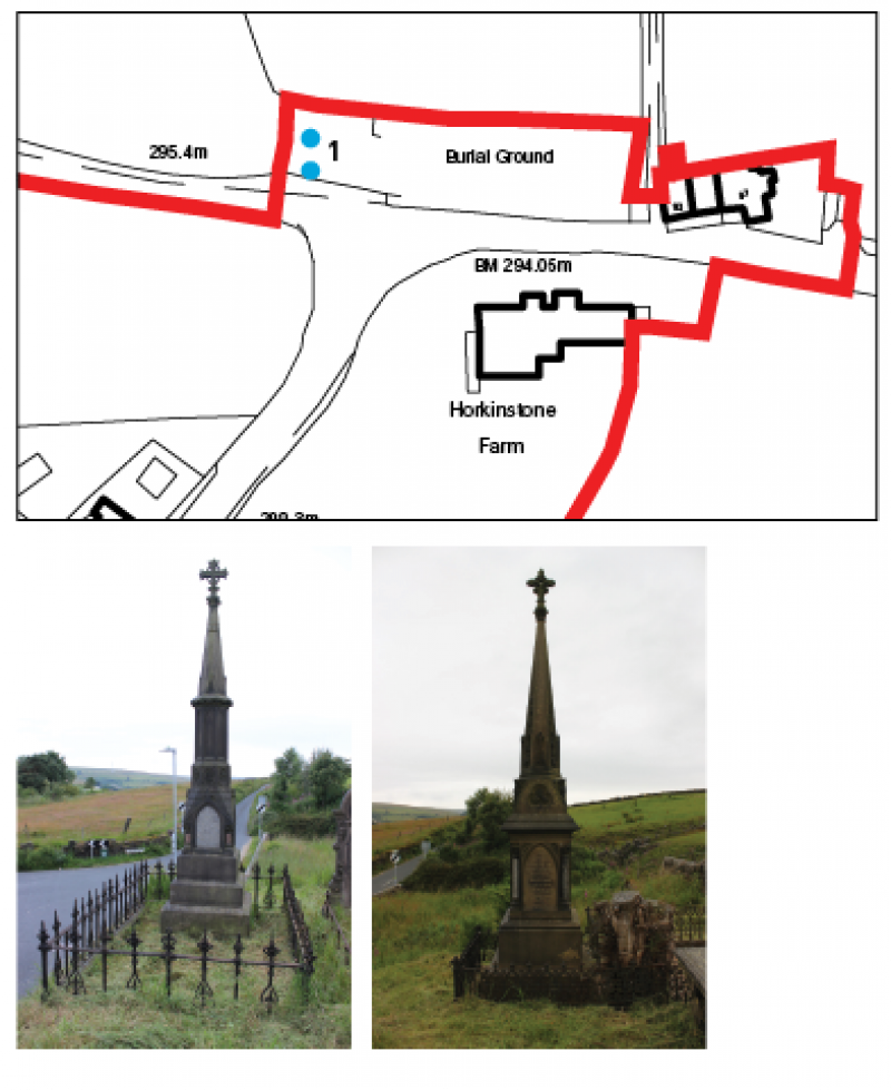Map showing location and images of Horkinstone gothic tombs