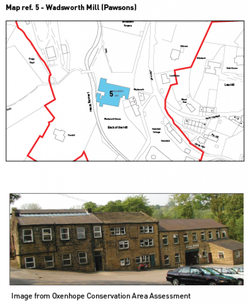 Map reference of Wadsworth Hill, Pawsons, and an image of houses from the Oxenhope Conservation Area