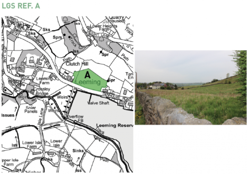 A map showing local green site A and an image showing Leeming Field