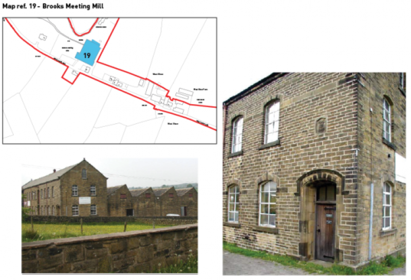 Map showing location of Brooks Meeting Mill and two images of the mill building
