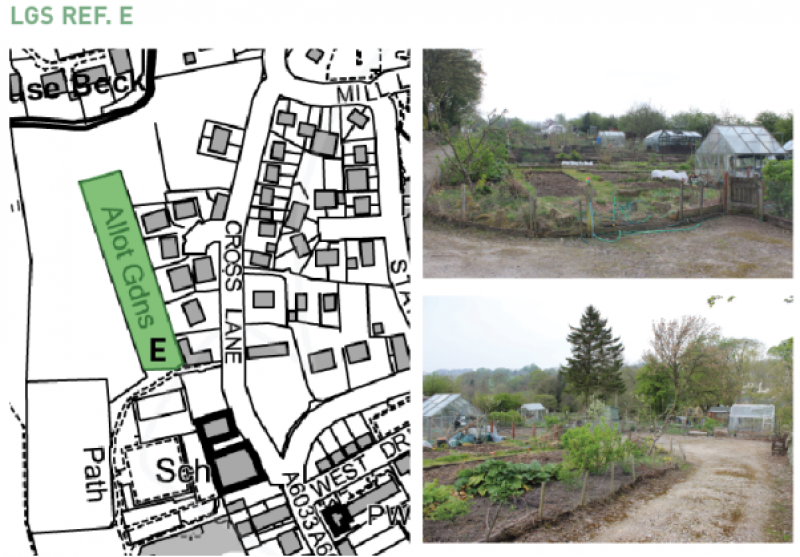 Map showing Local Green Space Site E and two images of Oxenhope Allotments