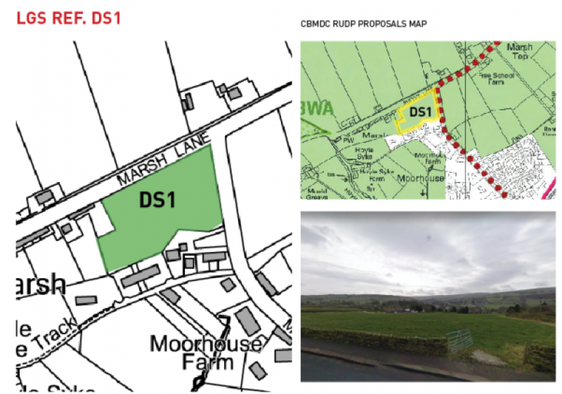 Two maps showing discounted site DS1 off Marsh Lane and an image of the location