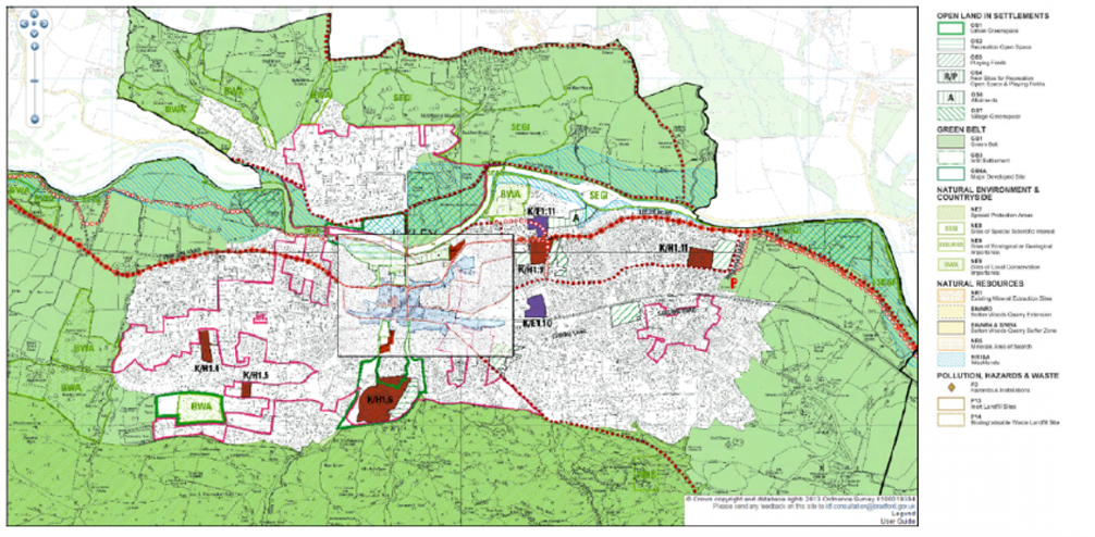 Map showing the Bradford Replacement Unitary Development and surrounding green areas
