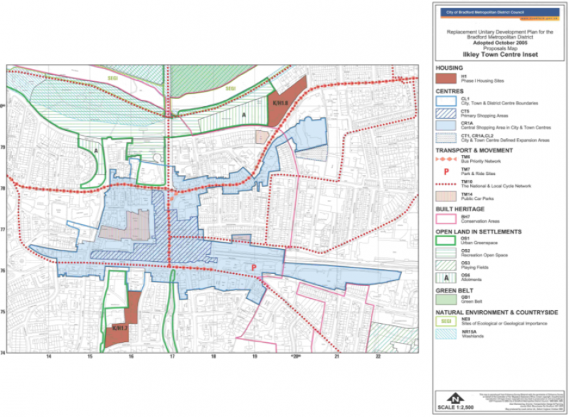 Map of Ilkley Town Centre with an inset diagram demonstrating the Bradford Replacement Unitary Development Plan