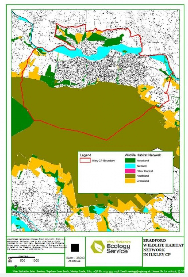 A map marking the Ilkley CP border and the Bradford Wildlife Habitat Network within Ilkley