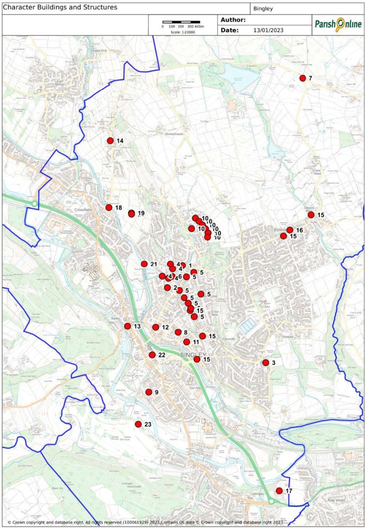 Map depicting non-designated heritage assets, marked by red disks on the map
