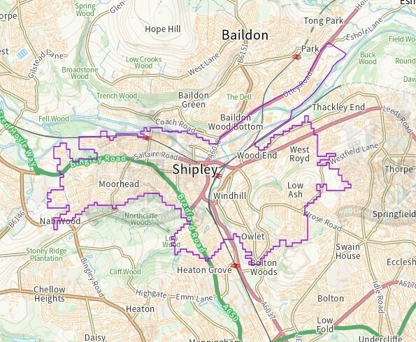 Map pf Baildon and Shipley with the Shipley Towns Fund area boundary  highlighted