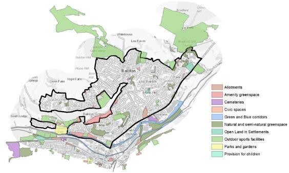 Map of Baildon with highlighted open spaces and their designations (allotments, parks etc.)