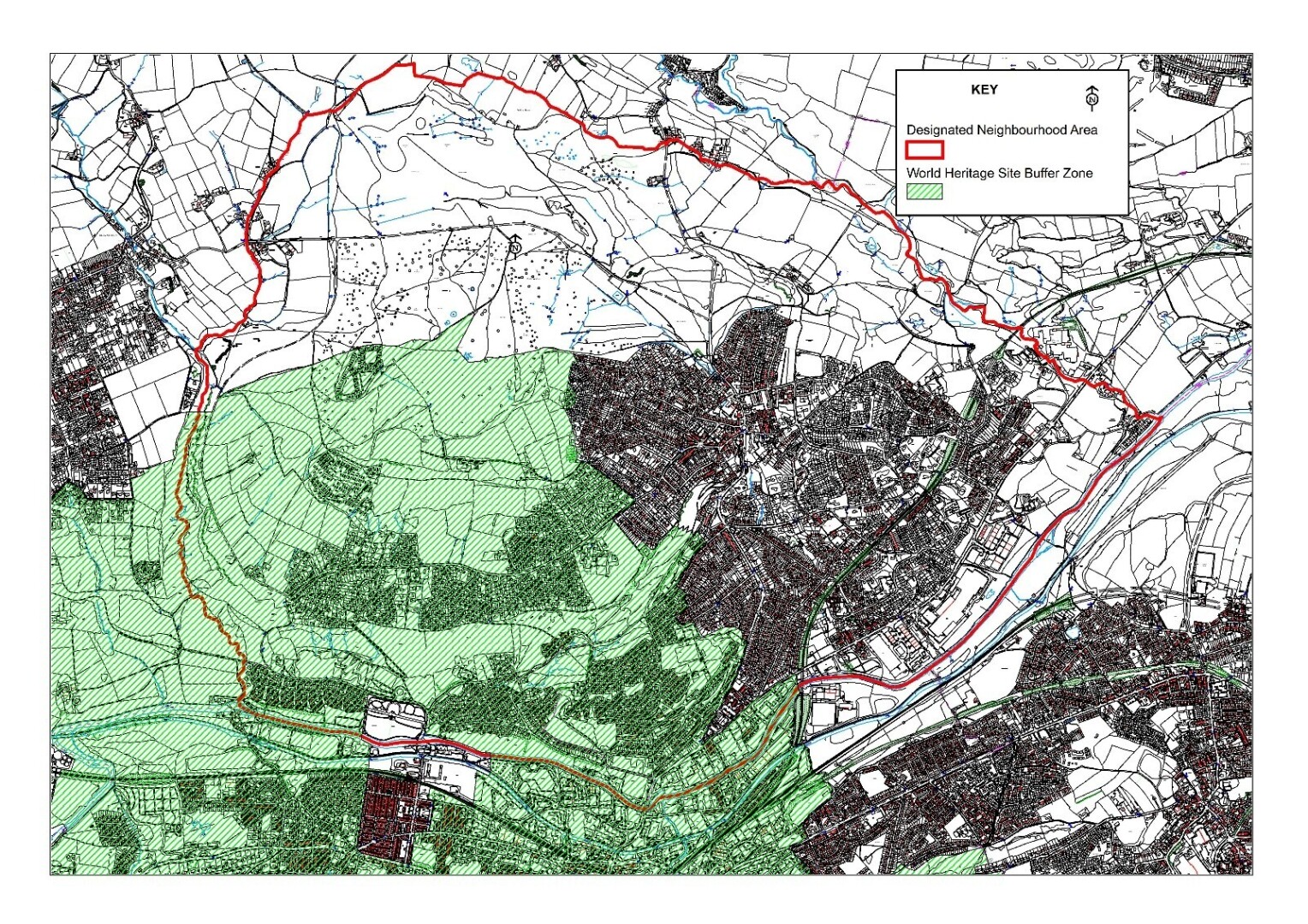 Map of Baildon showing where Saltaire World Heritage Site Buffer zone falls withing the neighbourhood boundary 