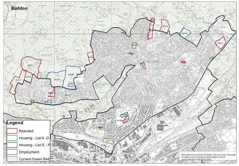 Map of Baildon parish with possible housing sites identified by housing type, green belt, potential employment area and rejected sites 