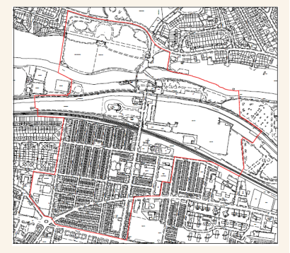 Map of Saltaire with boundary of World Heritage Site highlighted