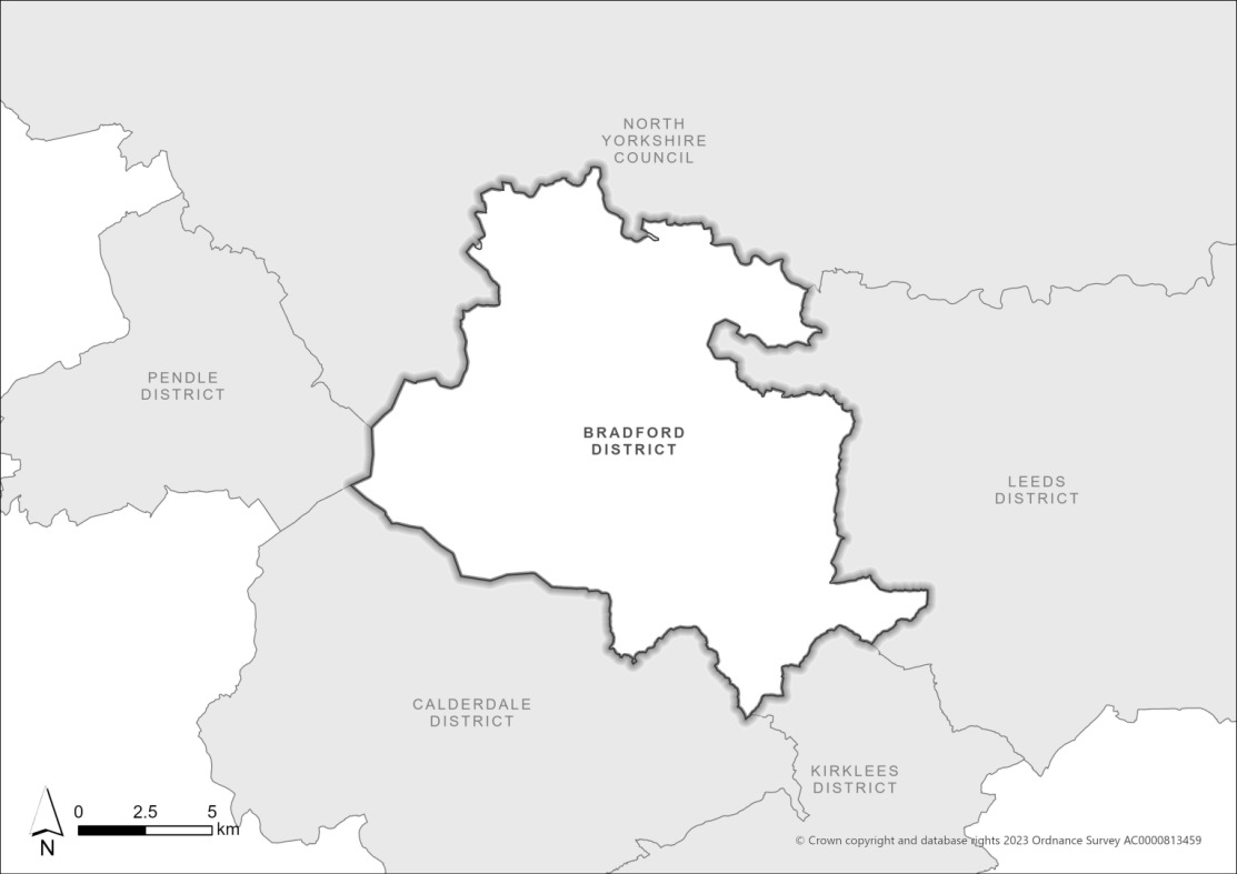 This is a map showing the Bradford District boundary and the adjacent local authority areas.