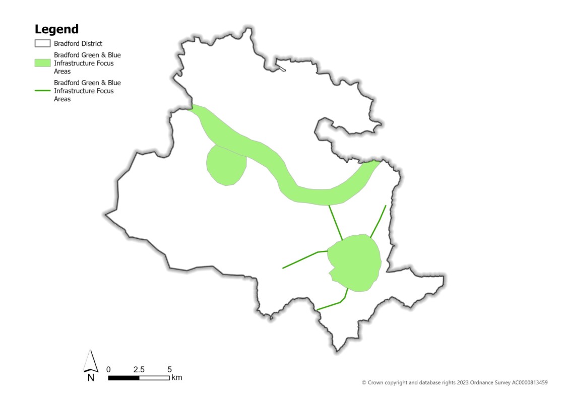 This is a map showing where the Green and Blue Infrastructure Areas and Focus Areas are found within the Bradford District.