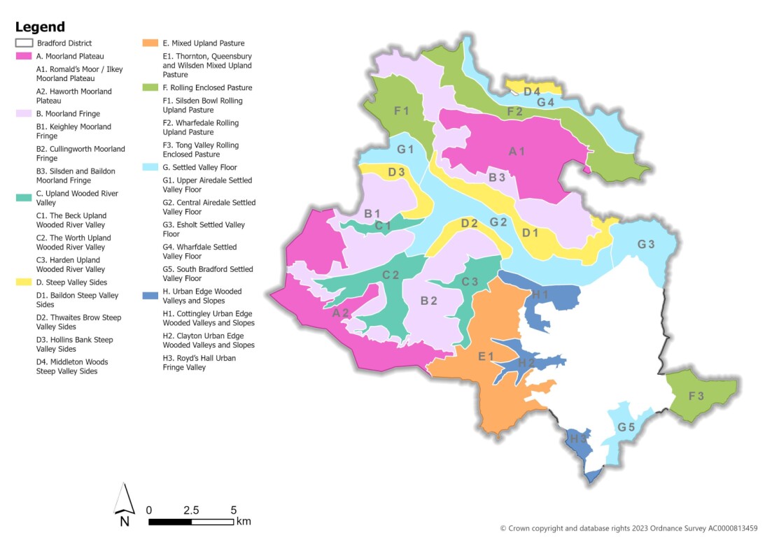 This is a map showing the different Landscape Character Types (LCTs) within the Bradford District.