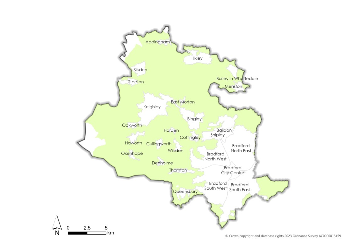 This is a map showing where the Green Belt lies within the Bradford District.