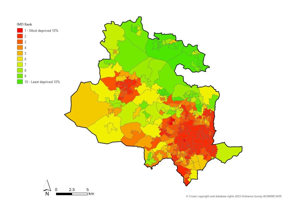 This is a map showing the Indices of Multiple Deprivation ranking of different areas within the Bradford District.