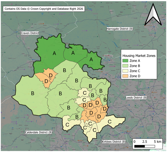 A map showing the four Bradford Housing Value Zones.