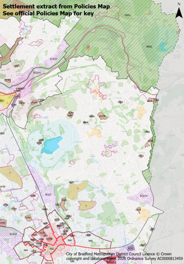 A detailed map extract showing areas marked with green and brown patches, labelled with codes like H501, H666, and EC2/17, with red and purple boundaries, rivers in blue, and a north arrow indicator. Includes text references to the City of Bradford Metropolitan District Council.
