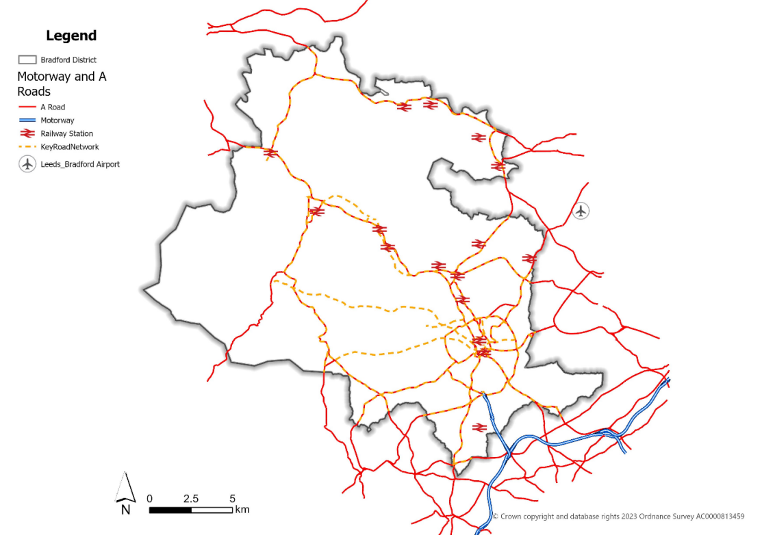 Map showing the district's transport network, including key road network, major roads, rail lines and stations.
