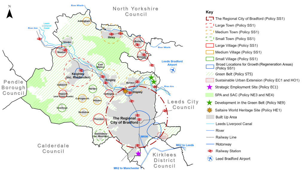Map of Leeds and Bradford with boundaries, transport routes, and designated policy areas including green belt, towns, villages, development sites, and heritage locations.