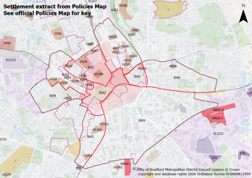 Map of Bradford with red outlines highlighting settlement boundaries and labelled areas including RA1-RA9, H1-H2300, WAS2-1, WAS2-3, and WAS2-4.