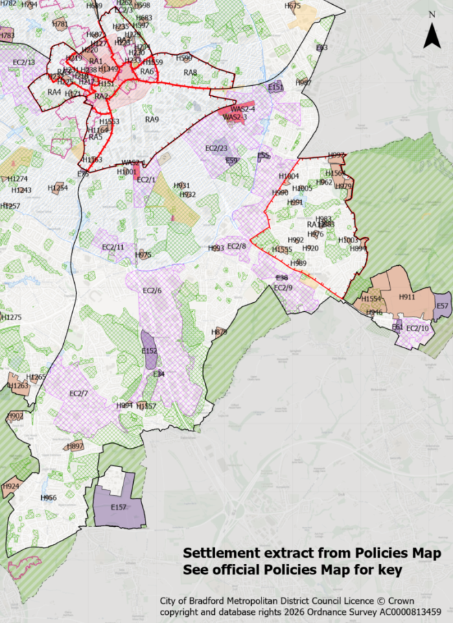 Map showing settlement boundaries in City of Bradford, outlined in red, with numbered etiquettes denoting specific areas amidst green and purple shaded zones.